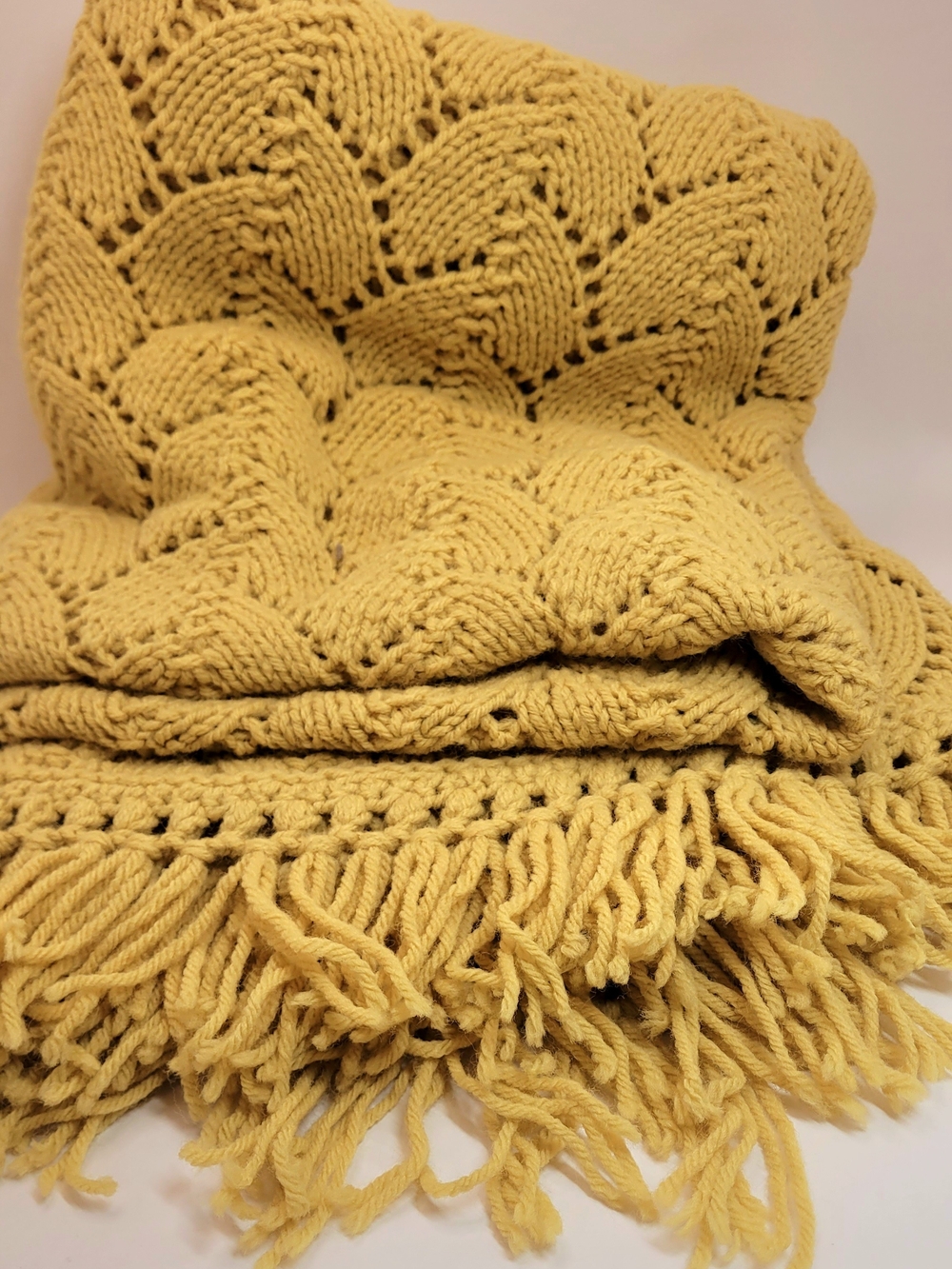 Vintage Yellow Knit Afghan Throw Blanket Fringe | Mid Century Old Shale Feather